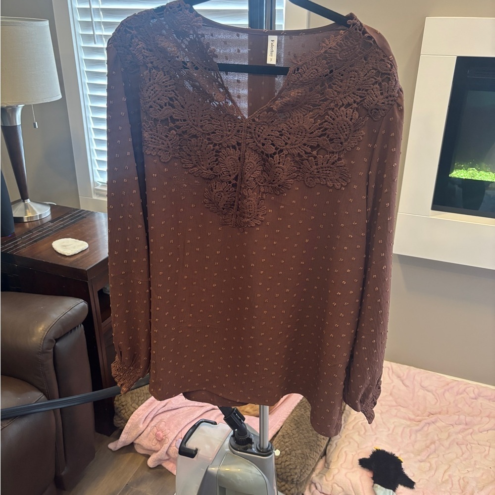 Brown Crochet Yoke Long Sleeve Blouse